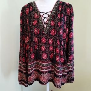 Artesia Women's Floral Boho Lace Up Blouse With Tassel Front Long sleeve Size L